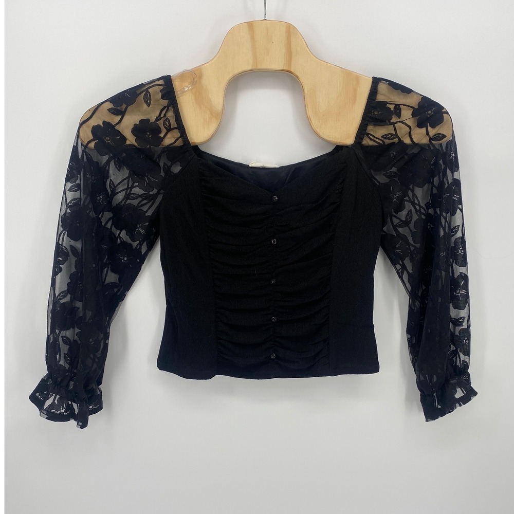 Ember Lace Sleeve Ruched Crop Top Womens XL Black Excellent Floral Square Neck